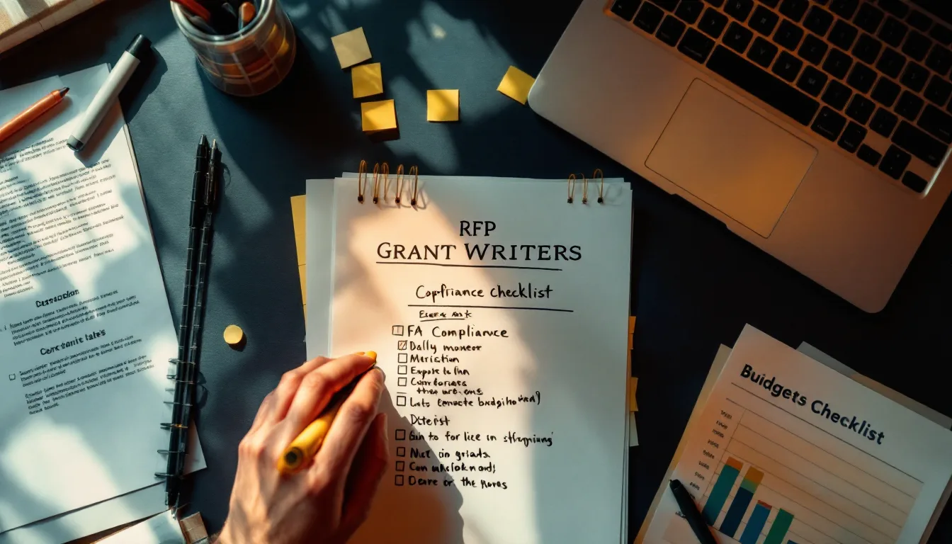 A grant writer's desk with a marked-up RFP, checklist, and budget table